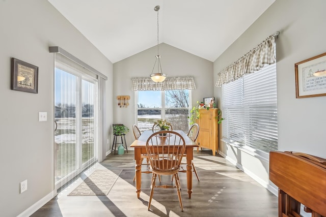 dining room featuring lofted ceiling and hardwood / wood-style floors