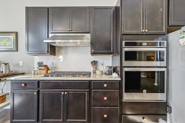 kitchen featuring tasteful backsplash, appliances with stainless steel finishes, ventilation hood, and dark brown cabinets