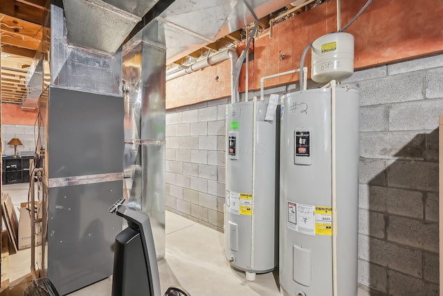 utility room featuring heating unit and water heater