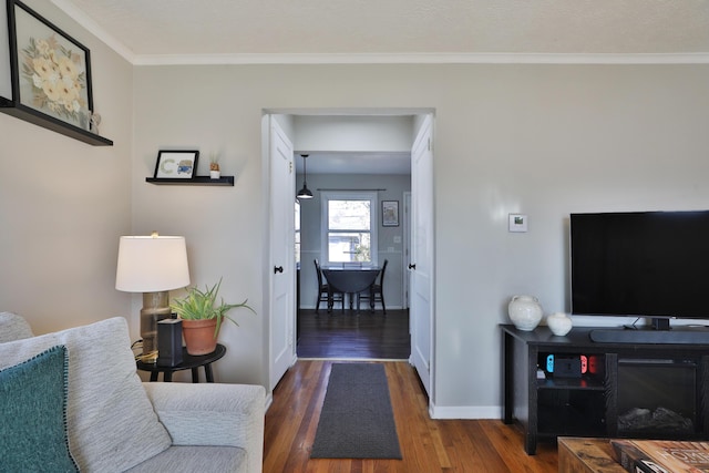 living room featuring ornamental molding and dark wood-type flooring