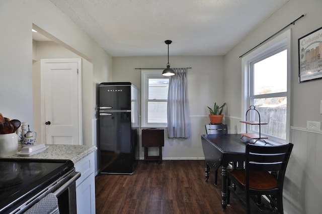 dining area with dark hardwood / wood-style floors, a textured ceiling, and a wealth of natural light