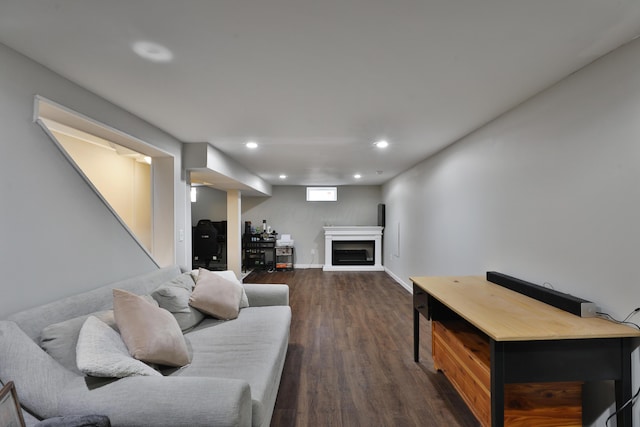 living room featuring dark wood-type flooring