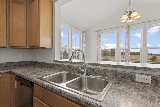 kitchen featuring sink, an inviting chandelier, stainless steel dishwasher, decorative light fixtures, and vaulted ceiling