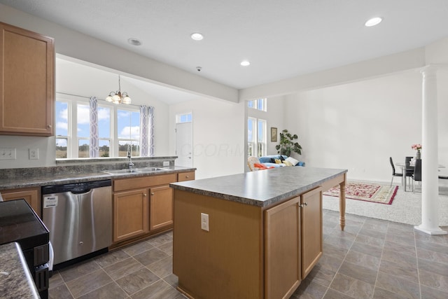 kitchen with lofted ceiling, an inviting chandelier, sink, stainless steel dishwasher, and a kitchen island