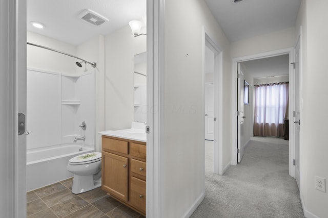 full bathroom featuring shower / washtub combination, vanity, and toilet