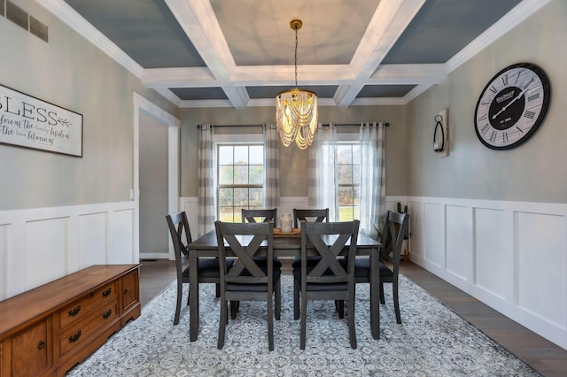 dining space featuring beam ceiling, coffered ceiling, dark hardwood / wood-style flooring, a notable chandelier, and crown molding