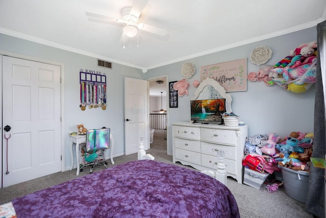 bedroom featuring carpet flooring, ceiling fan, and ornamental molding