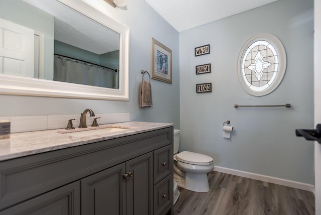 bathroom with vanity, wood-type flooring, and toilet