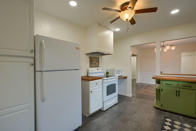 kitchen featuring wood counters, white appliances, white cabinets, ceiling fan with notable chandelier, and green cabinetry