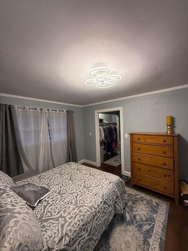 bedroom featuring a spacious closet, a closet, and crown molding