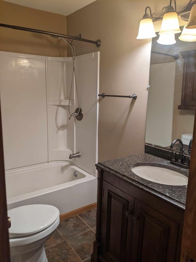 full bathroom with vanity, a notable chandelier, shower / bathtub combination, and toilet