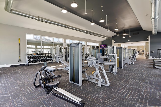 exercise room featuring carpet floors and high vaulted ceiling