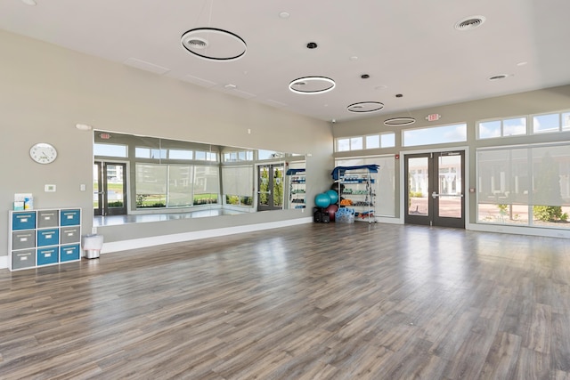 exercise room with hardwood / wood-style floors, a healthy amount of sunlight, and french doors