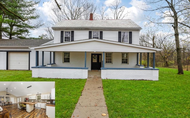 farmhouse featuring a front lawn, a porch, and a garage