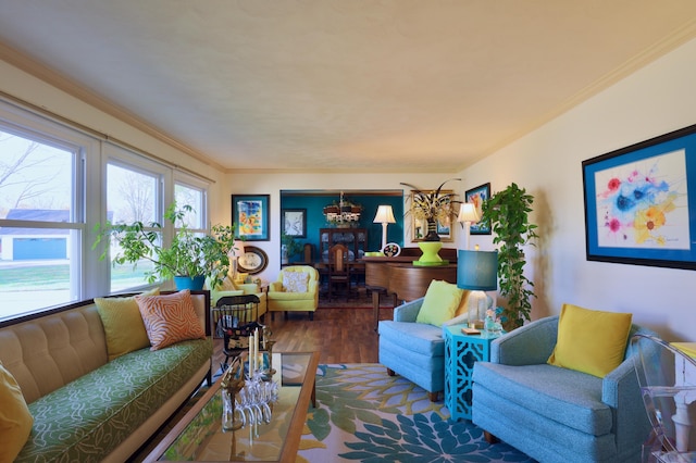 living room with dark hardwood / wood-style floors and crown molding