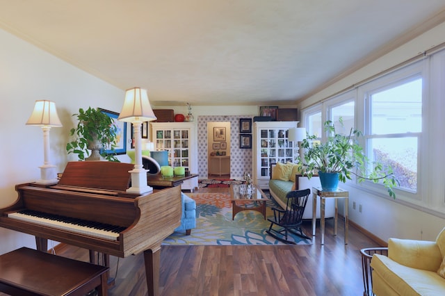 interior space with crown molding and dark wood-type flooring