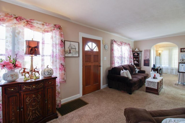 living room with carpet flooring and ornamental molding