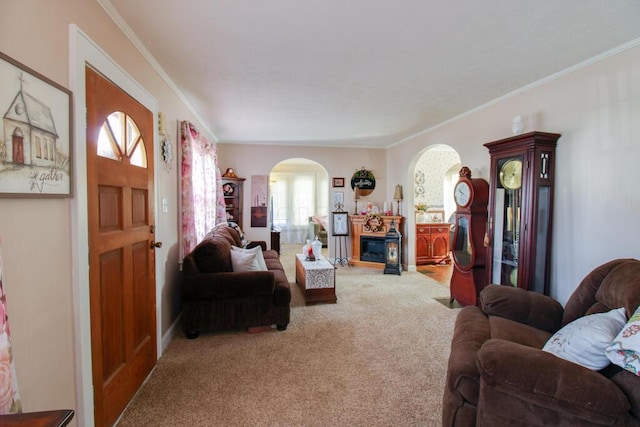 living room featuring carpet and crown molding