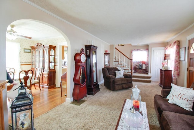 living room with crown molding, light hardwood / wood-style flooring, and ceiling fan