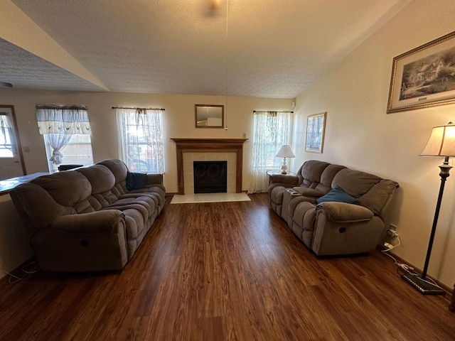 living room with a textured ceiling, dark hardwood / wood-style flooring, a fireplace, and a wealth of natural light