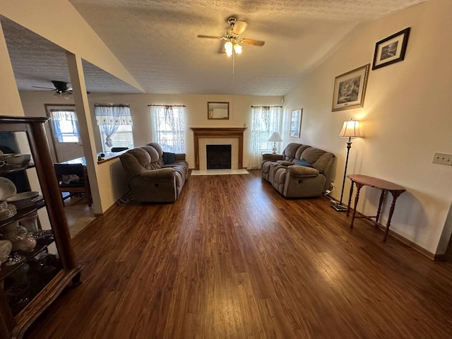 living room featuring a textured ceiling, a healthy amount of sunlight, dark wood-type flooring, and vaulted ceiling