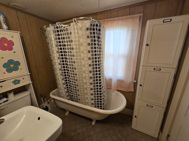 bathroom featuring sink and wooden walls