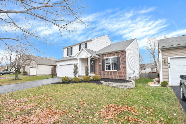 front facade with a garage and a front lawn