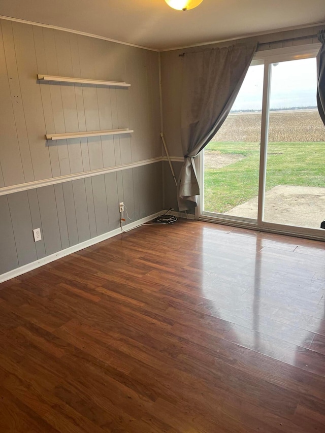 spare room featuring wooden walls, plenty of natural light, and hardwood / wood-style flooring