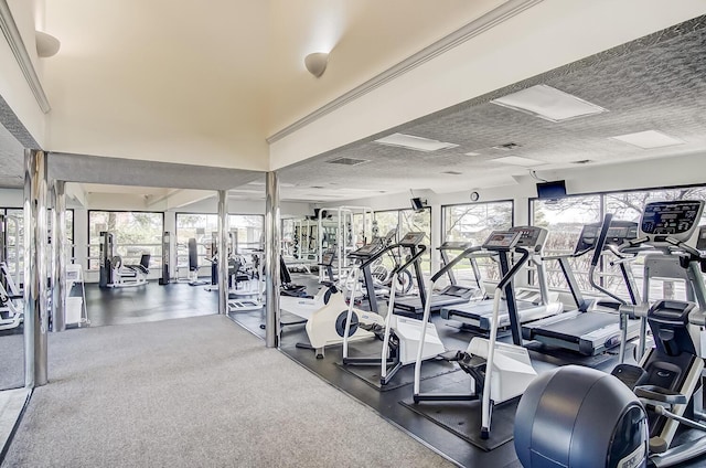 exercise room featuring dark colored carpet