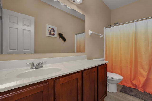 bathroom featuring curtained shower, vanity, wood-type flooring, and toilet