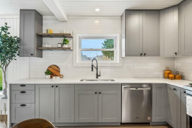 kitchen featuring tasteful backsplash, gray cabinets, sink, and stainless steel dishwasher