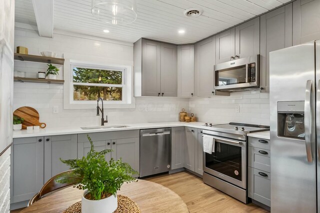 kitchen featuring gray cabinetry, sink, light hardwood / wood-style flooring, and appliances with stainless steel finishes