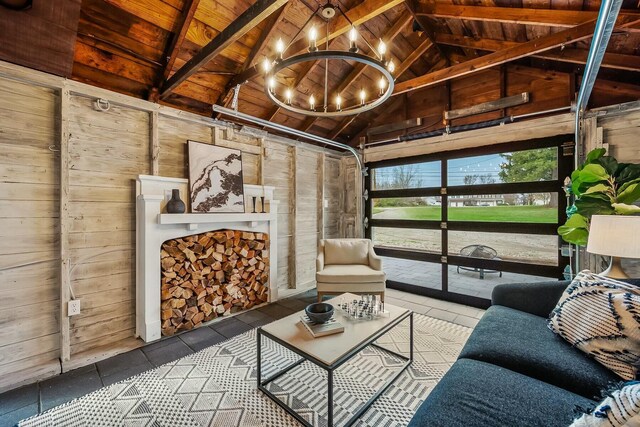 unfurnished sunroom with vaulted ceiling with beams, wood ceiling, and a notable chandelier