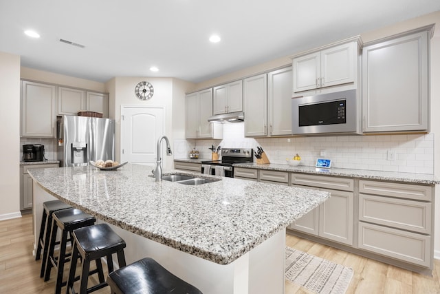 kitchen with backsplash, stainless steel appliances, sink, light hardwood / wood-style floors, and an island with sink