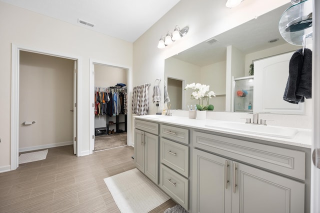 bathroom featuring vanity and a shower with shower door