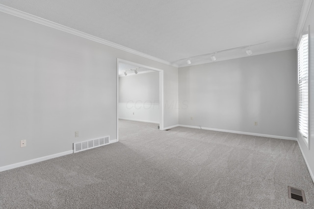 spare room with light carpet, rail lighting, and ornamental molding