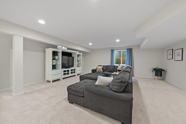 living room with light colored carpet