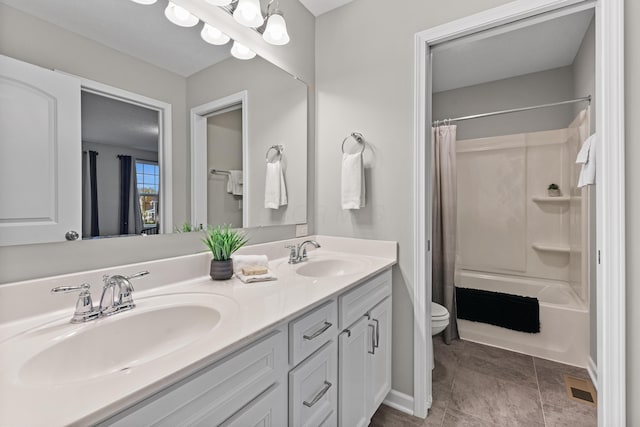 full bathroom with vanity, toilet, and shower / bathtub combination with curtain