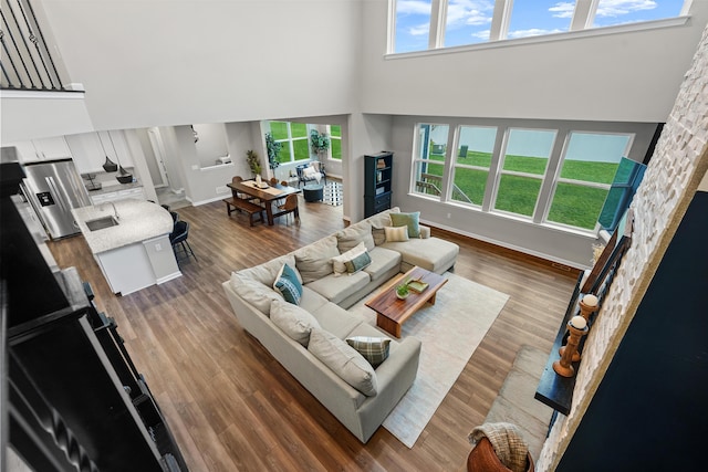 living room with dark hardwood / wood-style flooring, a healthy amount of sunlight, and a high ceiling