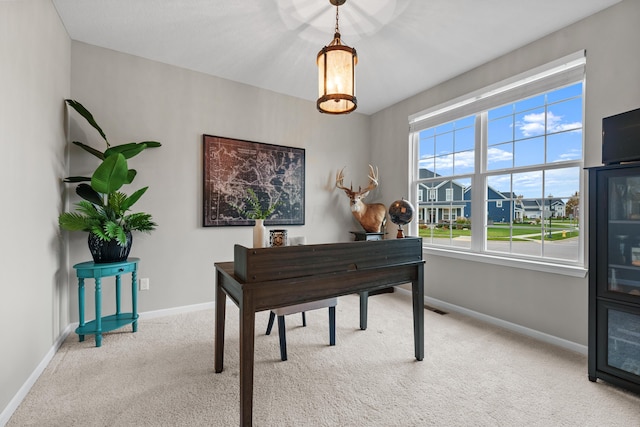 office area featuring light colored carpet