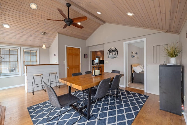 dining area featuring hardwood / wood-style flooring, ceiling fan, lofted ceiling, and wood ceiling