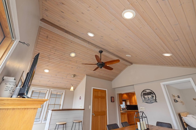 interior space featuring vaulted ceiling with beams, ceiling fan, kitchen peninsula, and wooden ceiling