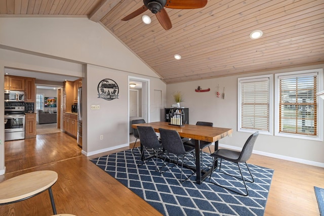 dining space with ceiling fan, wooden ceiling, lofted ceiling with beams, and light wood-type flooring