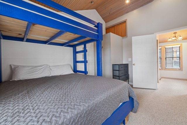 carpeted bedroom featuring wood ceiling, vaulted ceiling, and a notable chandelier