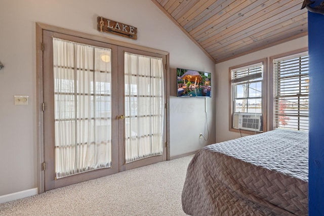 bedroom featuring french doors, carpet floors, lofted ceiling, and wood ceiling