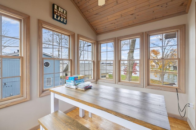 unfurnished dining area with vaulted ceiling, a water view, light hardwood / wood-style flooring, and wooden ceiling