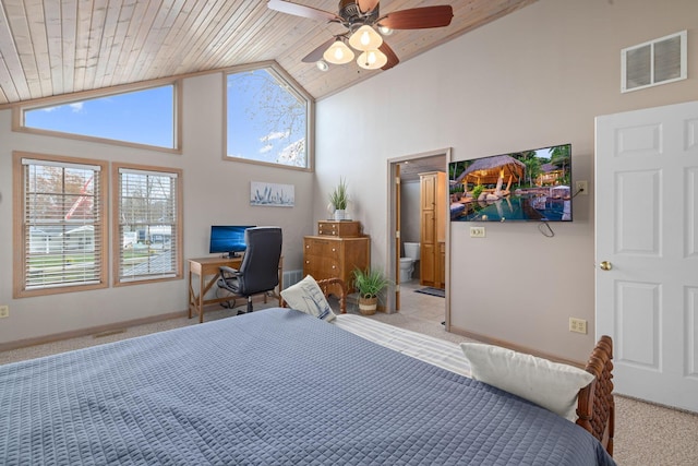 bedroom featuring wooden ceiling, light carpet, high vaulted ceiling, ceiling fan, and connected bathroom