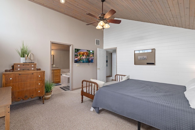 bedroom with ensuite bathroom, high vaulted ceiling, ceiling fan, and wood ceiling