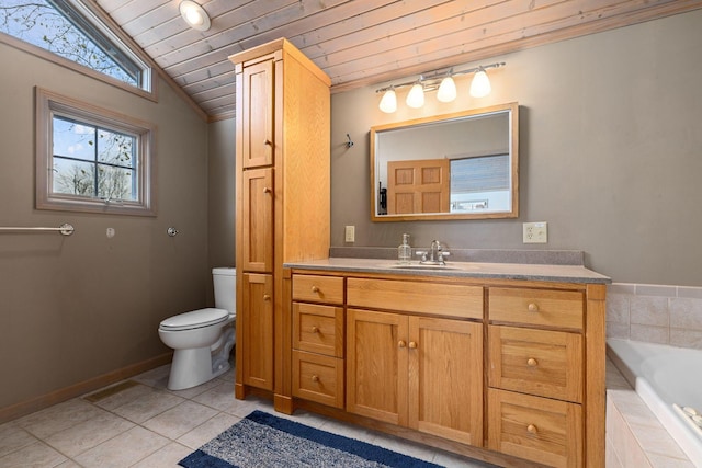 bathroom with tile patterned floors, wood ceiling, vanity, tiled bath, and toilet