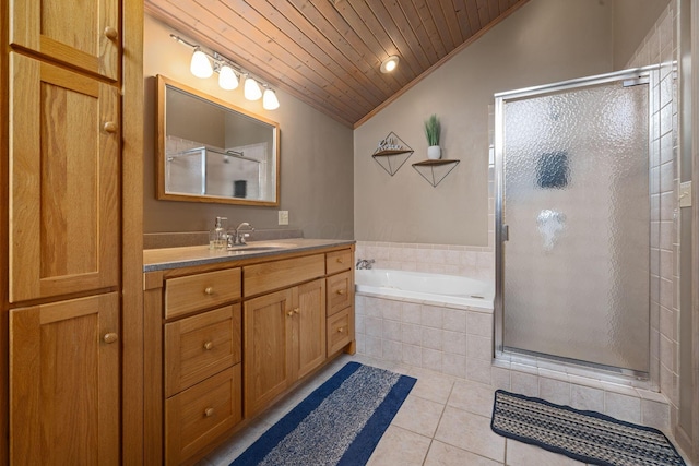 bathroom featuring tile patterned floors, ornamental molding, wood ceiling, separate shower and tub, and lofted ceiling